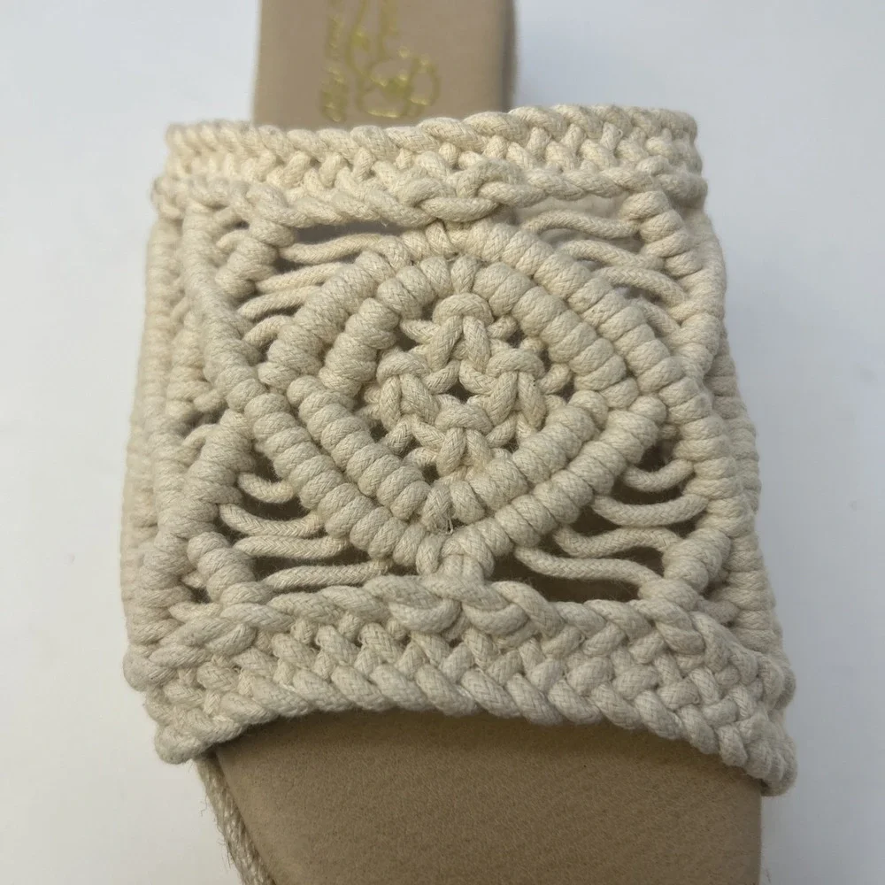 Sbicca Eureka‎ Macrame Wedge Sandals Beige Natural Boho Espadrille Slide Size 9